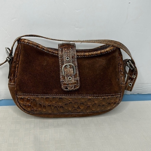 Croc Embossed brown 100% leather shoulder bag - Picture 1 of 8